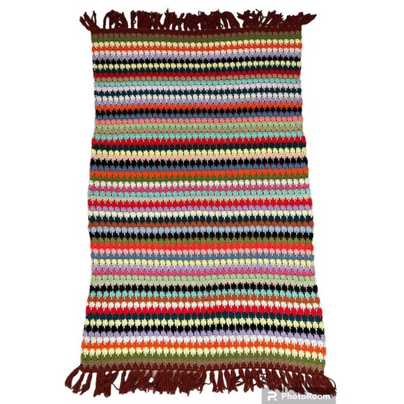 Vintage Afghan Throw Blanket Rainbow Stripes Fringe Handmade Warm Snuggly - Picture 2 of 7